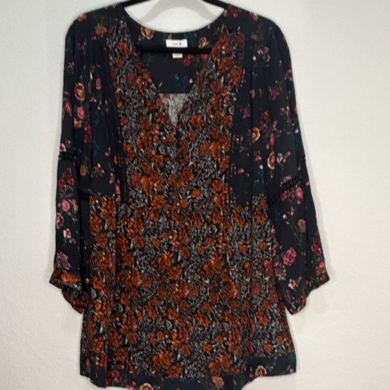 Intro. Womens 2X Plus Black Orange Floral Tunic Blouse 3/4 Sleeve Lightweight