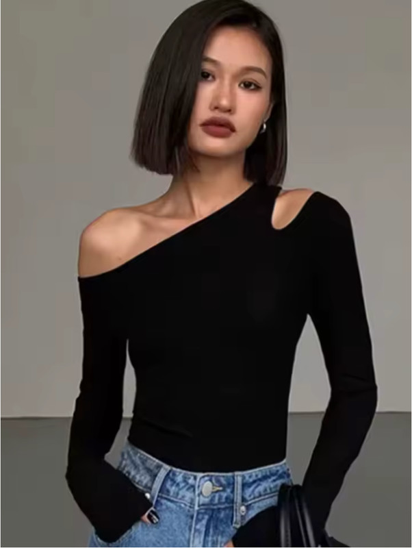 Women’s One Shoulder Long Sleeve Top Black Slim Fit Cut Out Casual Blouse
