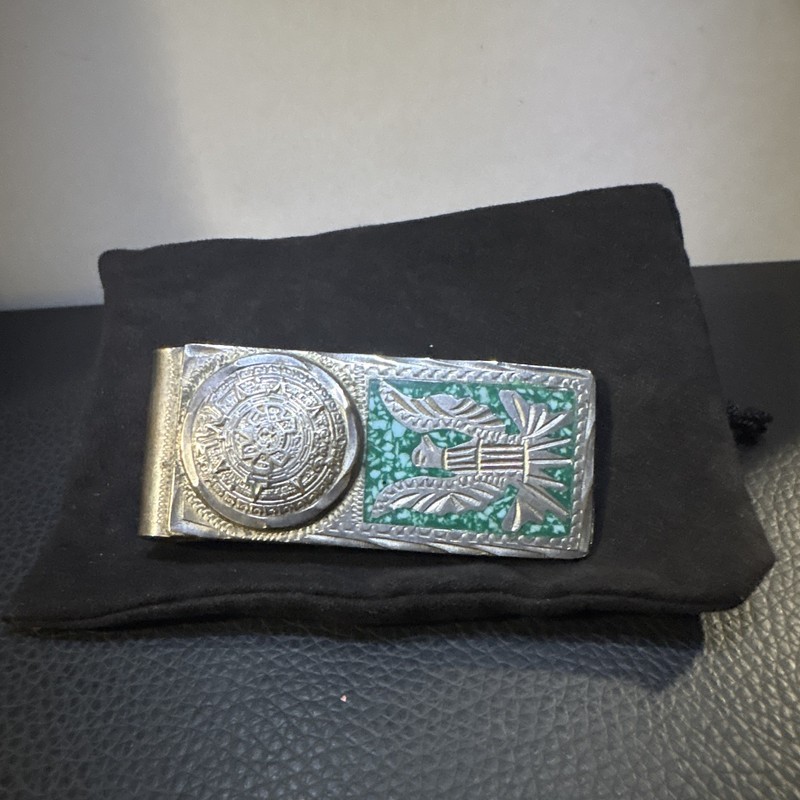 Silver Tone Green Inlay Engraved Mexican Eagle Men’s Money Clip Stamped