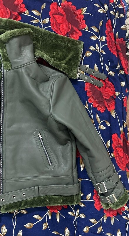 Men's Gray Leather Bomber Flight Jacket Faux Fur Collar Full Zip Handmade Coat gallery
