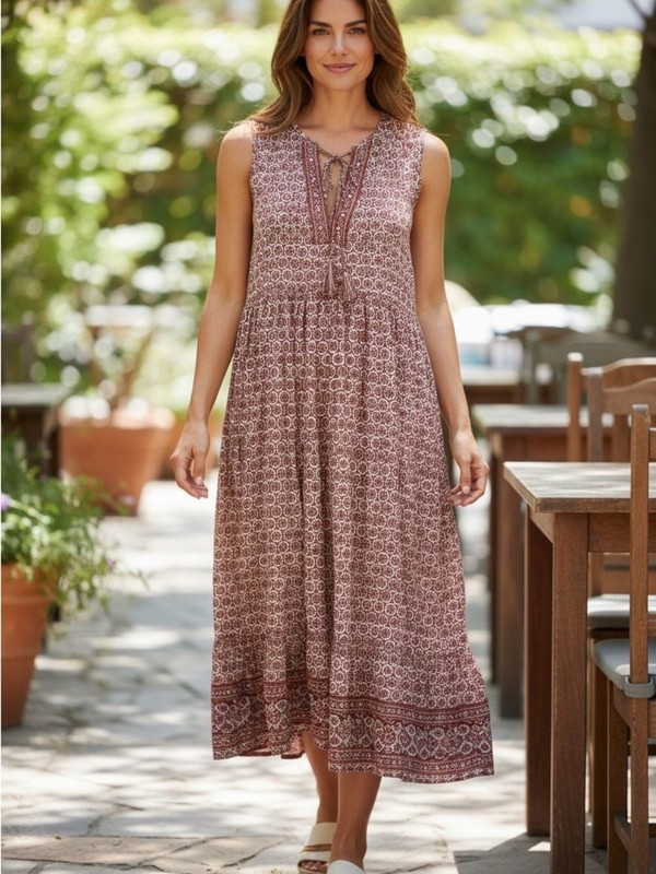Max Studio Rust Bohemian Embroidered Tassel Tie Neck Sleeveless Maxi Dress