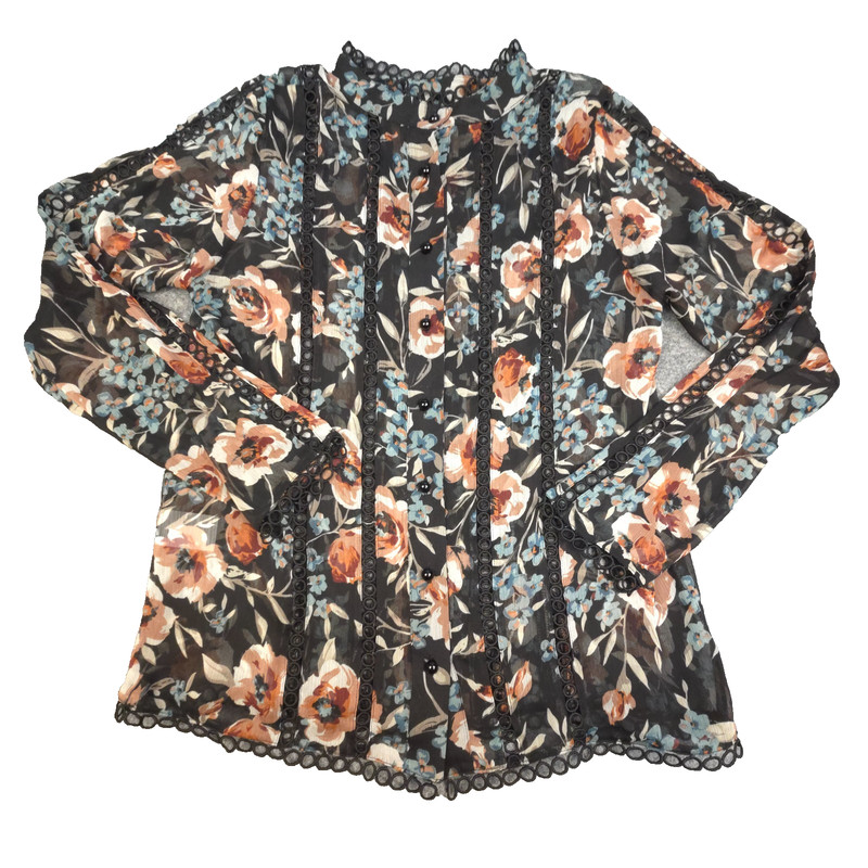 G.D.S Intermax Blouse Womens SMALL Black floral Long Sleeve Lightweight Size S