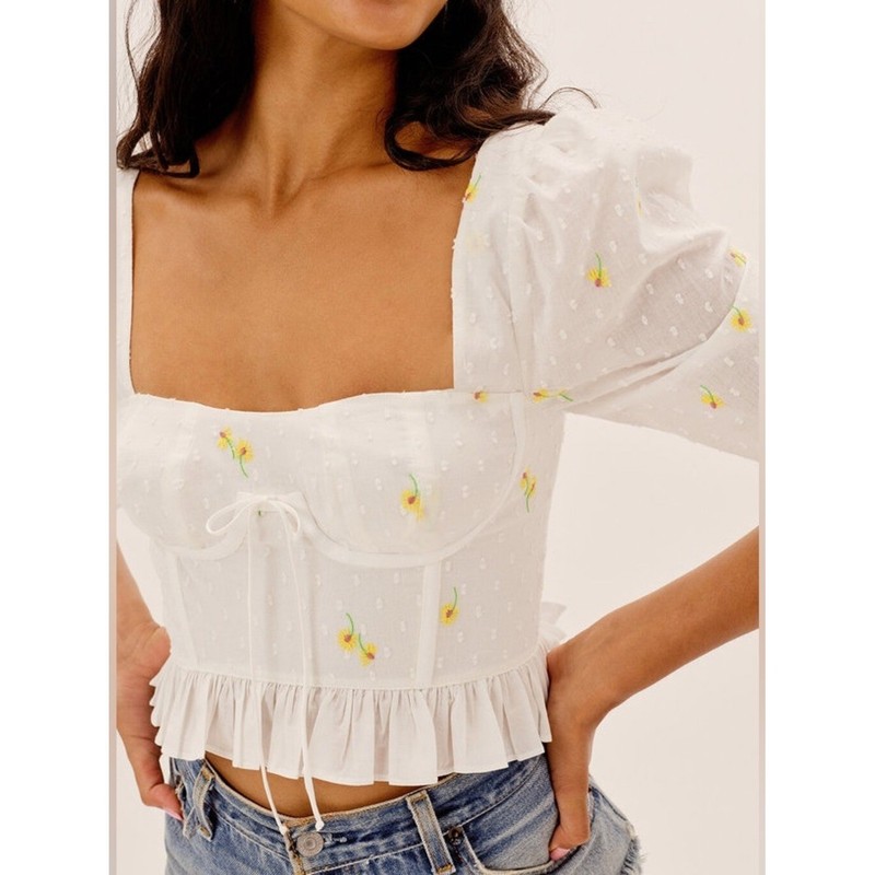 For Love & Lemons Abby Blouse Ivory Daisies White Crop Top Puff Sleeves