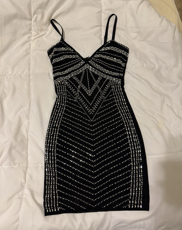 Windsor Black Satin Stretch Bodycon Mini Dress, Beaded Geometric, size XS