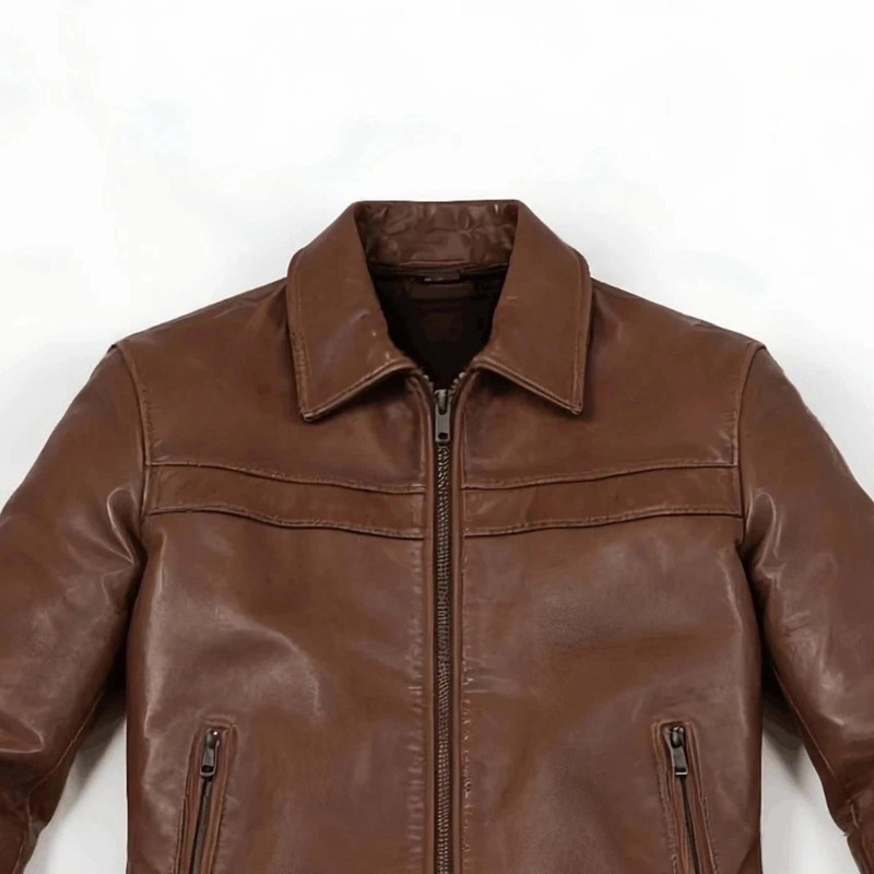 Men's Brown Leather Cafe Racer Jacket Classic Vintage Motorcycle Handmade Coat gallery