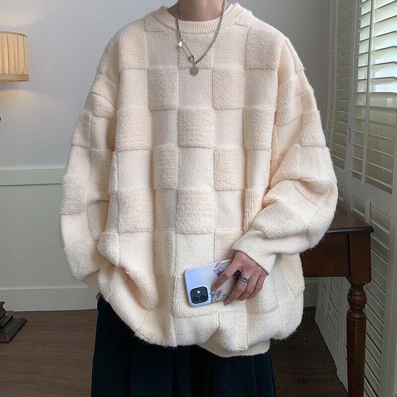 Mens Round Neck Knitted Knitwear Sweater Long Sleeve Pullover Tops Oversize Hot