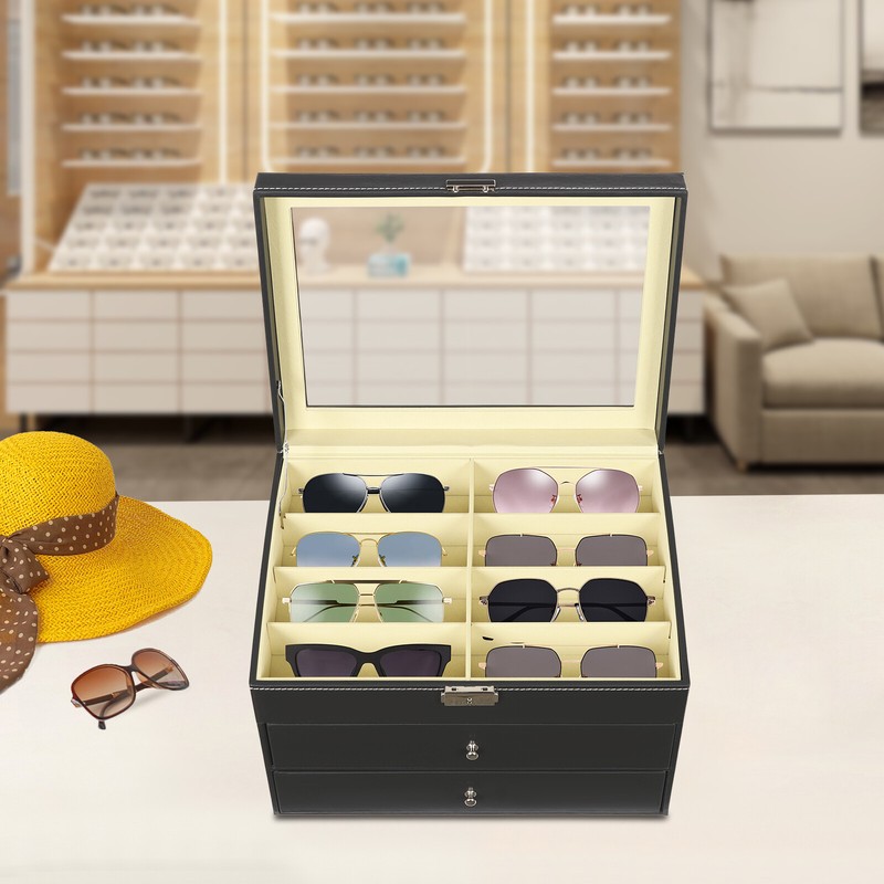Sunglasses Storage Box 3 Layer 24 Slot Black Glasses Organizer Display Case MDF gallery