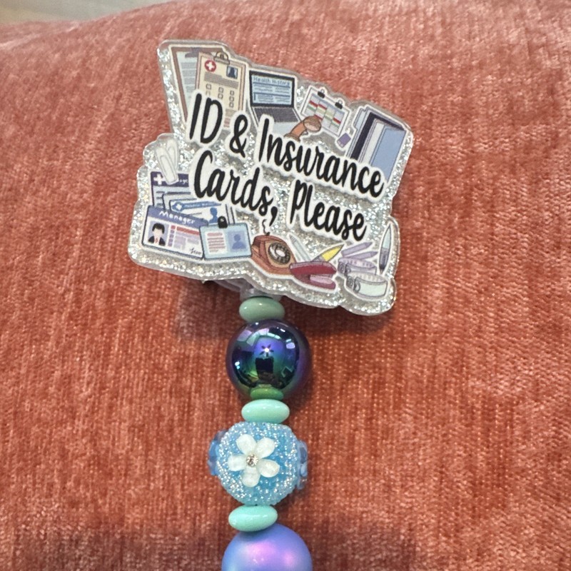 Retractable ID Badge Reel, Beaded “ID & Insurance Cards, Please” Blue/Green
