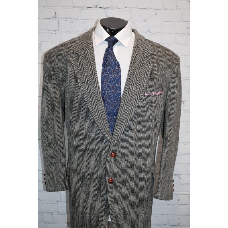 Vintage English Manor Sport Coat Men 50 Reg Gray Herringbone Tweed Wool Blazer