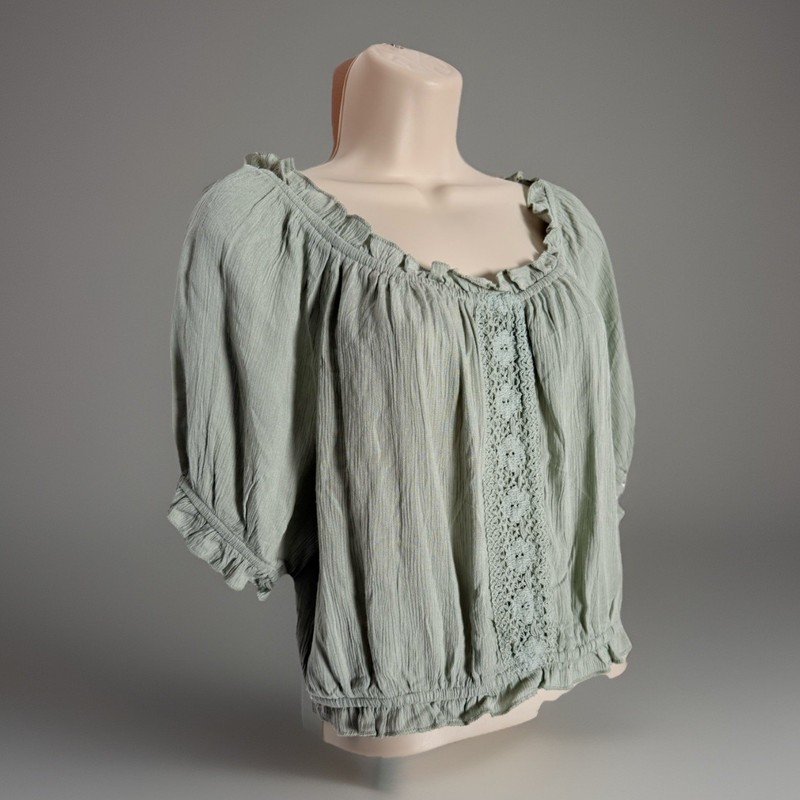 Kiwi & Peach Boho Cropped Short Sleeve Top~ Large~Thyme Green~New With Tags