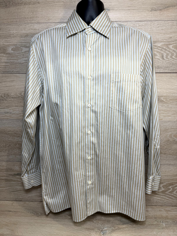 Ermenegildo Zegna Men’s Beige, White & Blue Striped Dress Shirt ITALY Size Large
