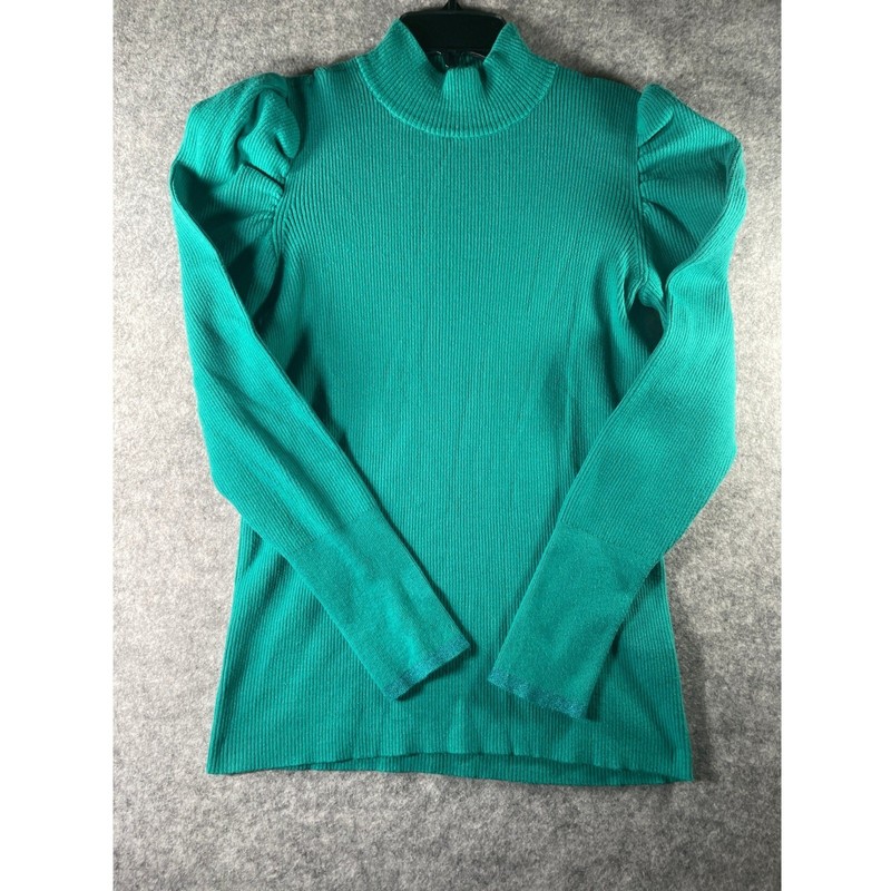 Nine West Emerald Green Ribbed Mock Neck Puff Sweater Metallic Cuff Size M