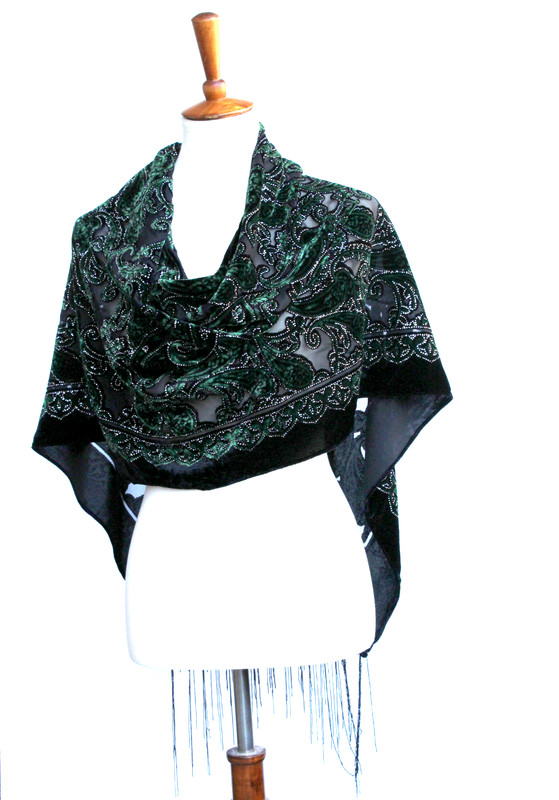 Elegant Black & Emerald Green Color Flower Silk Burnout Velvet Shawl Scarf Wrap gallery