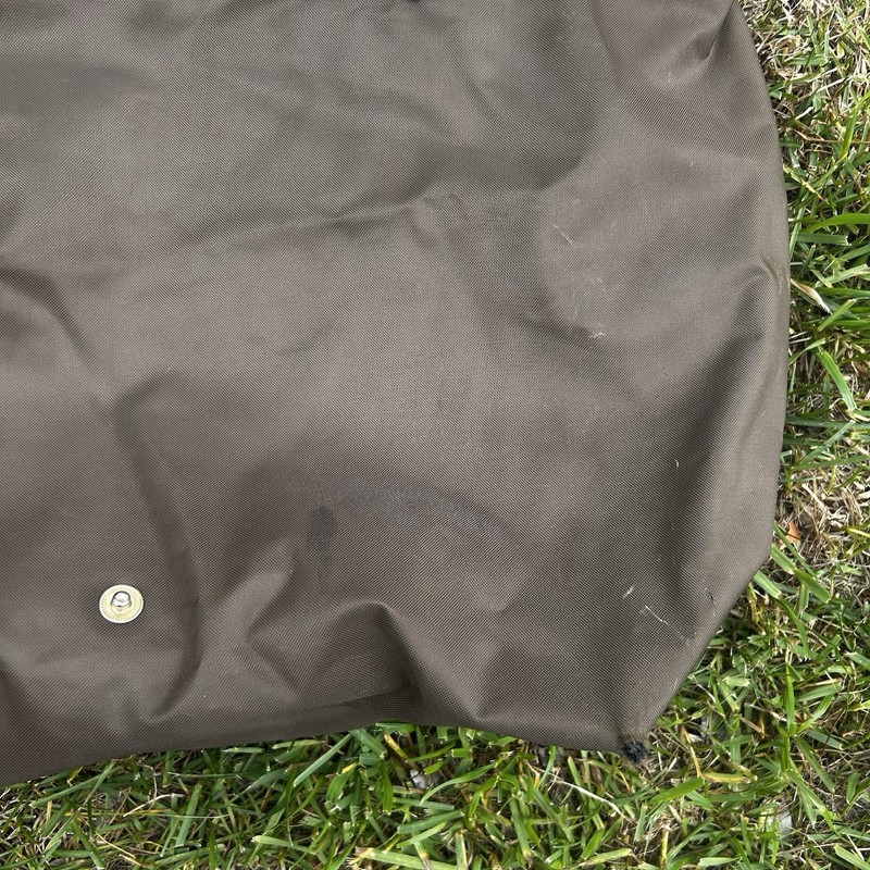 Longchamp Le Pliage Green Tote Bag Zip Closure Brown Leather Double Handles gallery