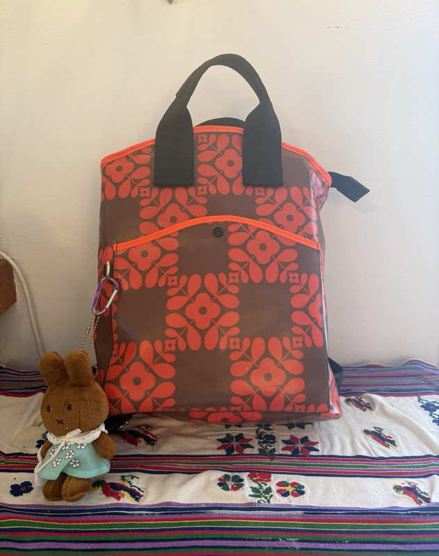 Orla Kiely Carry Backpack Brown/Red w/ Top Handle and Miffy Bag Charm