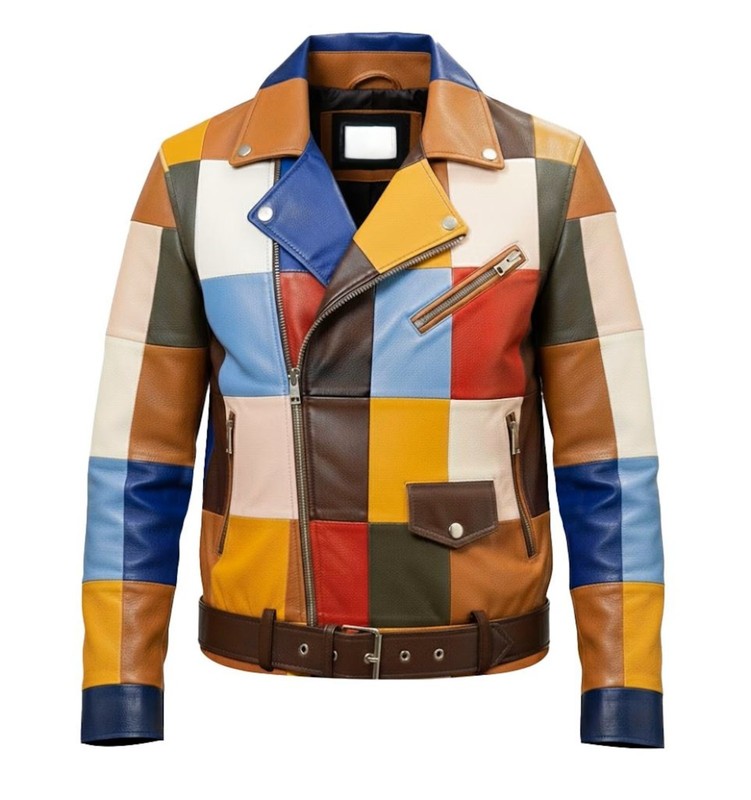 Women’s Multicolor Motorcycle Sheepskin Leather Jacket Handmade Aplic Leather
