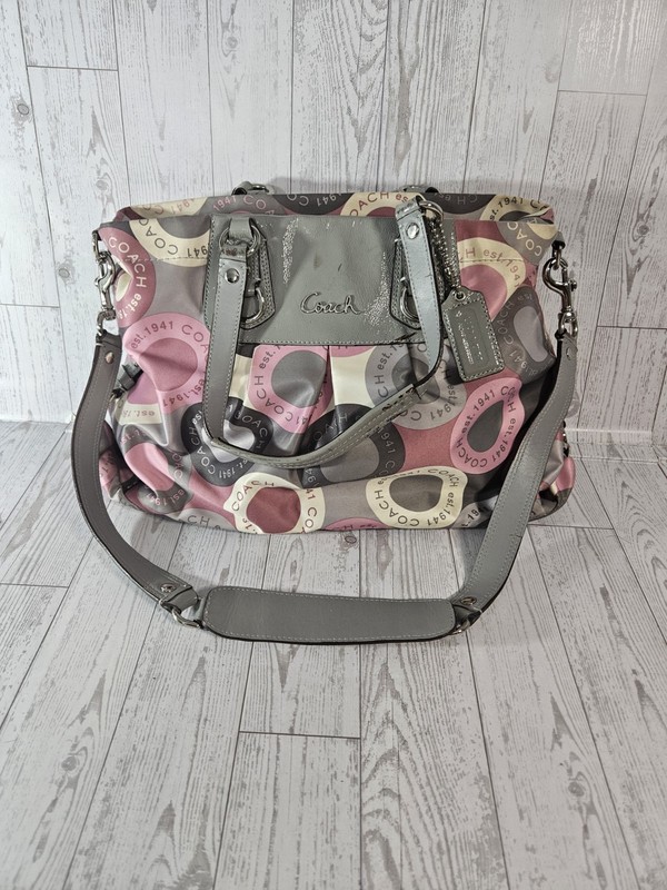 Coach Ashley Snap Satchel Handbag C1173 F5504 Large Tote Pink Gray Logo Satin