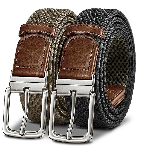 Braided Belt Reversible,Elastic 30″-34″Waist Adjustable Black/Khaki3825