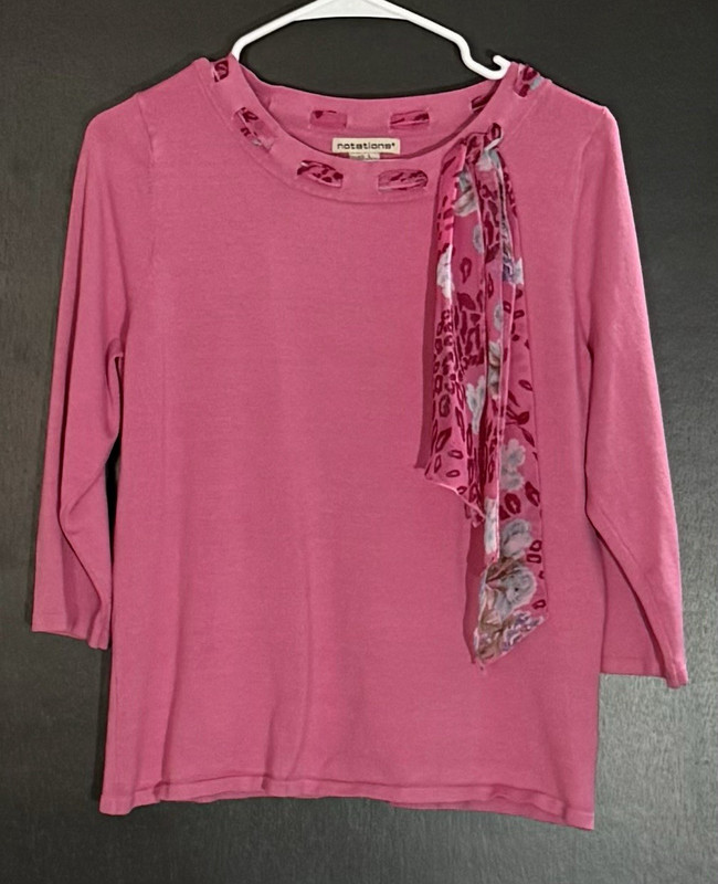 Notations Pink Solid Knit Round Neck Tie Accent Pullover Top 3/4 Sleeve L
