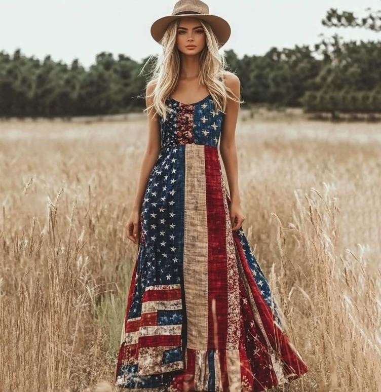 Women’s US Flag Printed Summer Breathable Sleeveless Summer Beach Dress Fashion