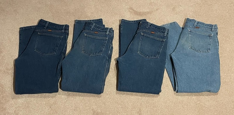 Lot of 4 Rustler 35×32 Blue Jeans Mens by Wrangler straight leg 35×31 Great