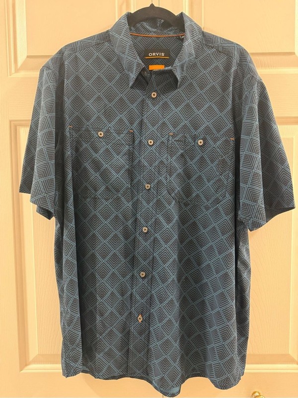 Orvis Active Fit Button Front Shirt Large Blue Geometric Stretch Outdoor Travel gallery