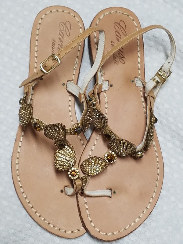 Emanuela Caruso Leather Swarovski Crystals Capri Sandals Gold Amber Shells 39 7
