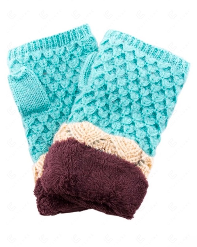 MULTI-COLORED KNITTED FINGERLESS GLOVES W/ CUFFS & SHERPA LINING