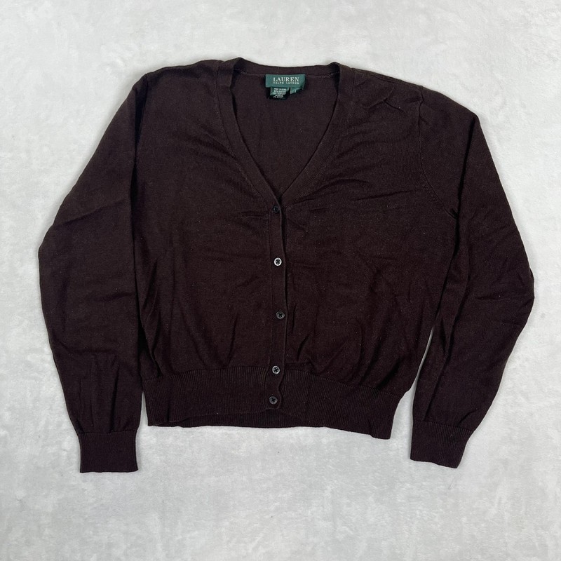 Lauren Ralph Lauren Sweater Womens L Brown Silk Cashmere V Neck Cardigan Knit