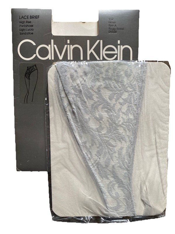 VTG 80s Calvin Klein Lace Brief High Rise Pantyhose Sandaltoe Size A – Dove Gray