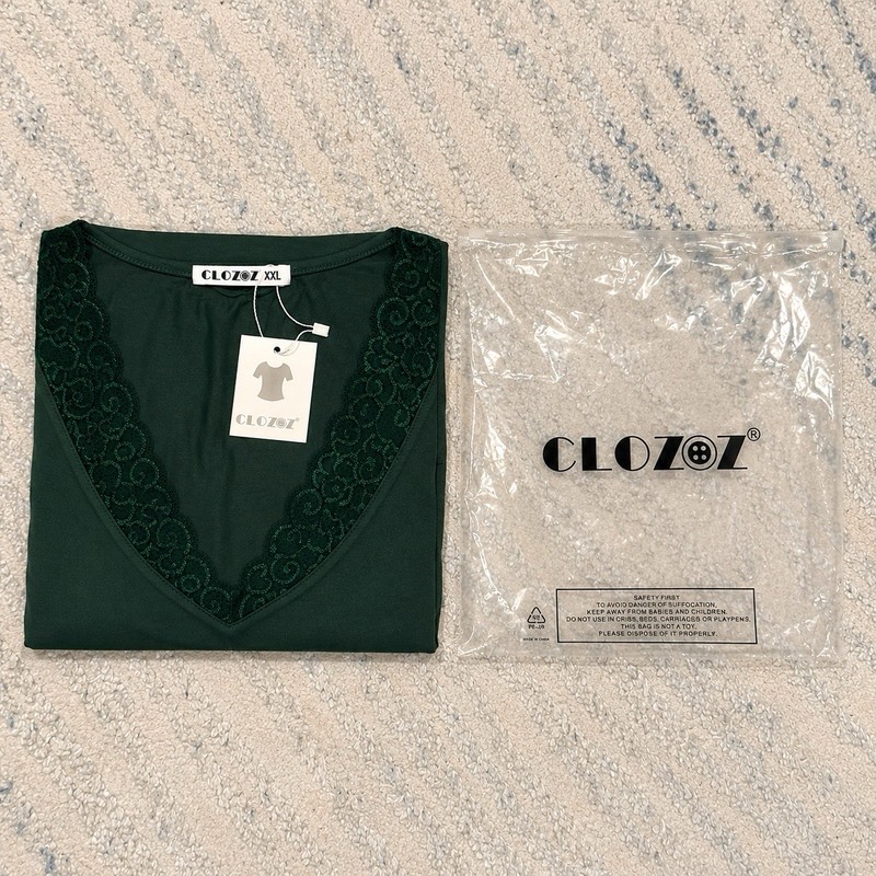 Womens Lace V Neck Long Sleeve TopSlim Fit Stretch Casual Basic Blouse Green XXL gallery