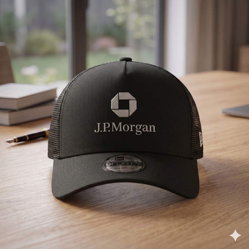 JP Morgan Logo Embroidered Black Trucker Hat Mesh Back Adjustable Snapback Cap