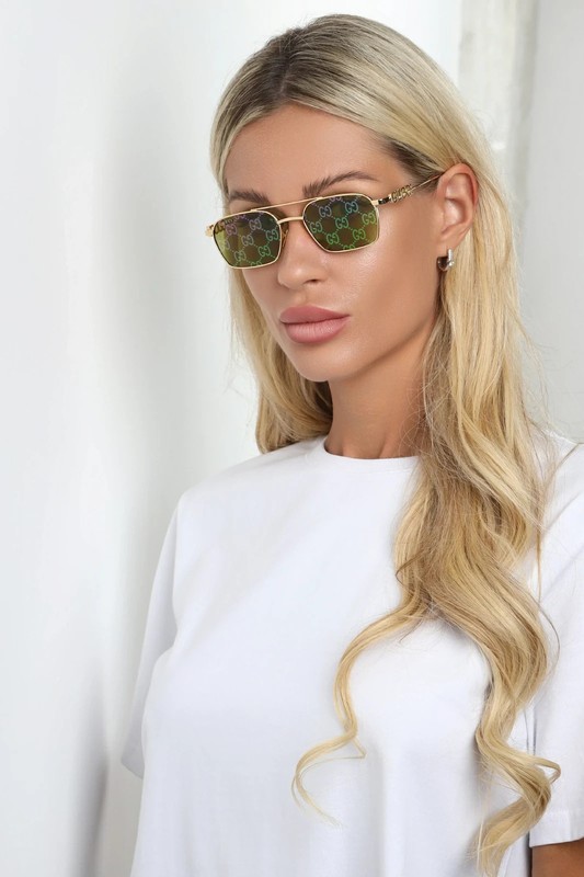 Gucci GG1804S 002 Unisex Square Sunglasses in Gold with Green GG Pattern Lens