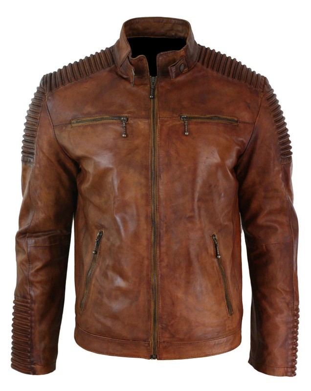 Men’s Distressed Leather Motorcycle Jacket Vintage Brown Retro Biker Racer Coat