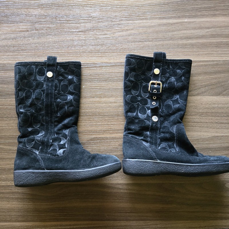 Coach Tulip Black Suede Logo Mid-Calf Buckle Faux Fur Lined Boots US 5B