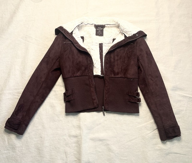 JouJou Brown/Maroon Jacket Zip Front Faux Fur Lined Buckled Pockets Women M gallery