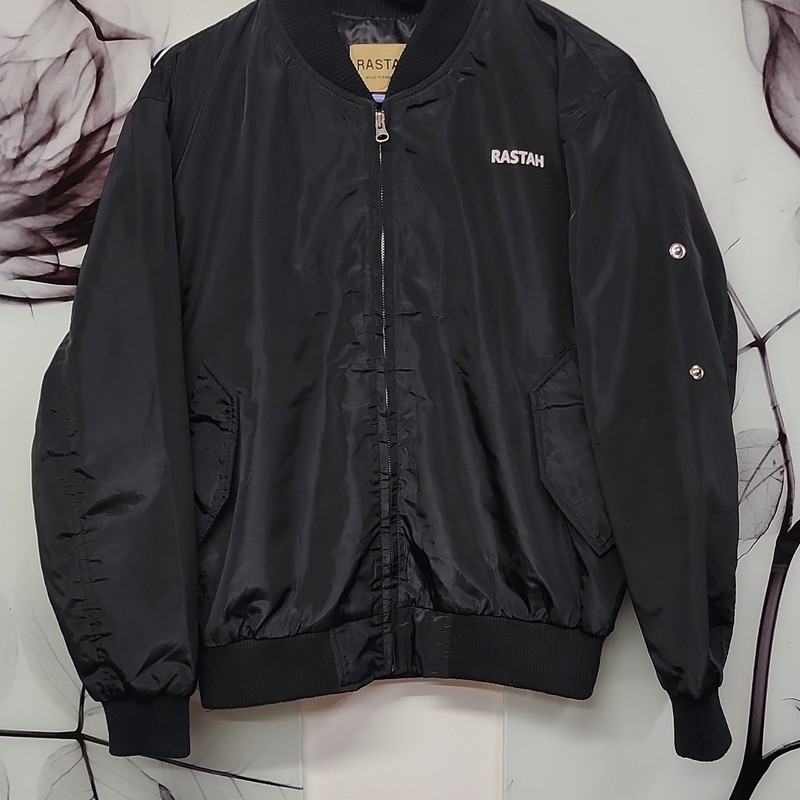 RASTAH Logo Zipper Snap Bomber Jacket Black Men’s Size S Casual Lightweight