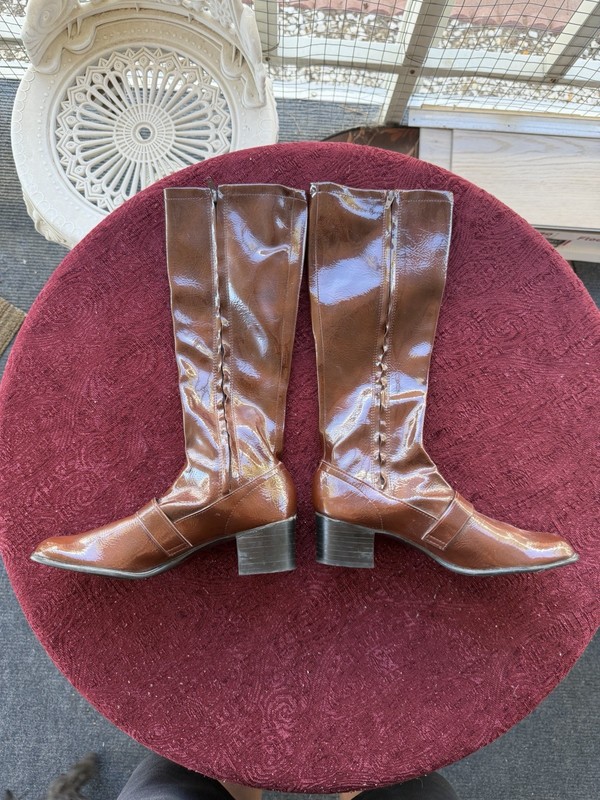Vintage 60s 70s Mod GoGo Boots Brown Patent Buckle Japan 7.5 Excellent