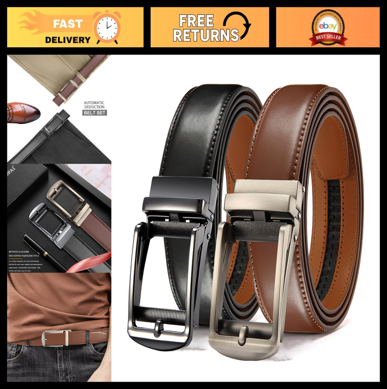 Men’s Adjustable Ratchet Leather Belt 2-Pack, Comfort Click Slide Buckle, Casual