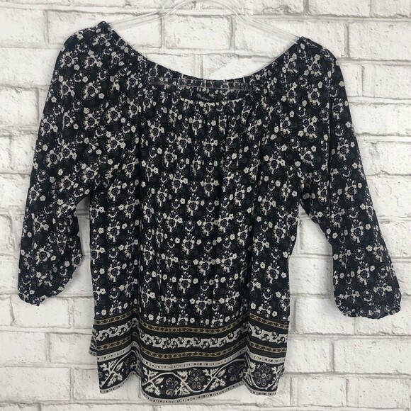 MADEWELL Top Silk Off the Shoulder 70s Floral Print Blouse Shirt 3/4 Sleeve XS gallery