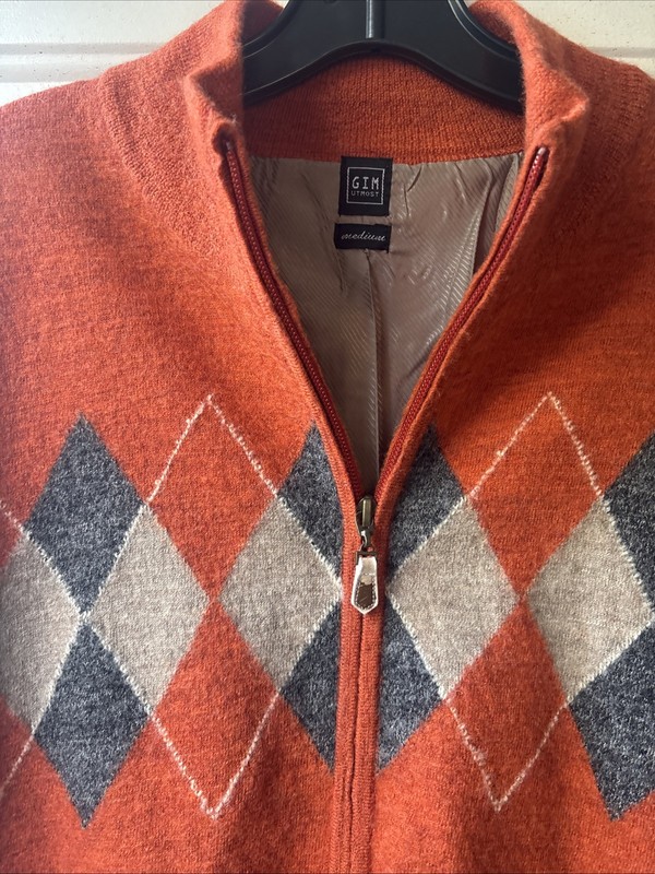 VINTAGE GIM UTMOST 100% Wool Burnt Orange Knit Cardigan Sweater Lining Size M gallery