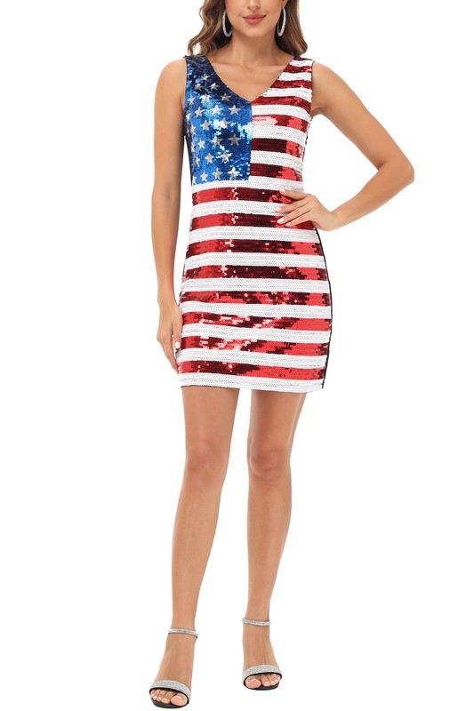 American Flag Sequin Dress V-Neck Sleeveless USA Patriotic Glitter Tank Dress gallery