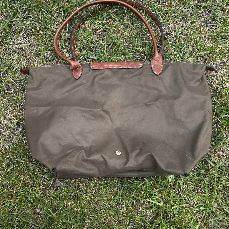 Longchamp Le Pliage Green Tote Bag Zip Closure Brown Leather Double Handles gallery