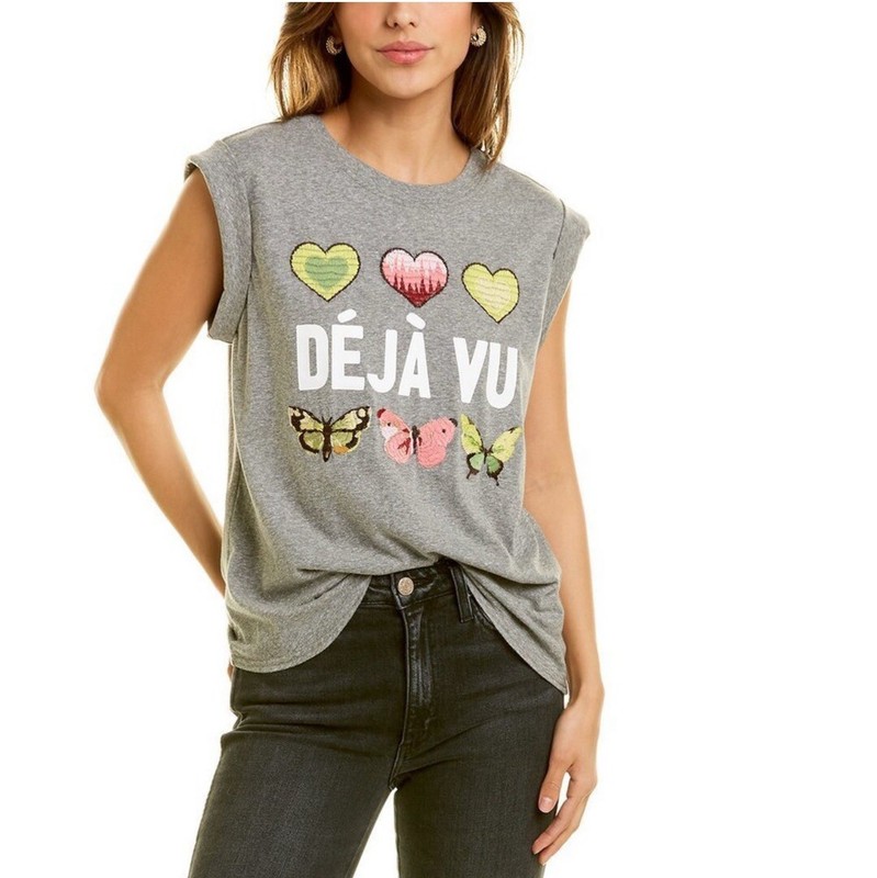 Cinq a Sept Deja Vu Tank Roll Sleeve Top Heather Gray Embroidered Size Small