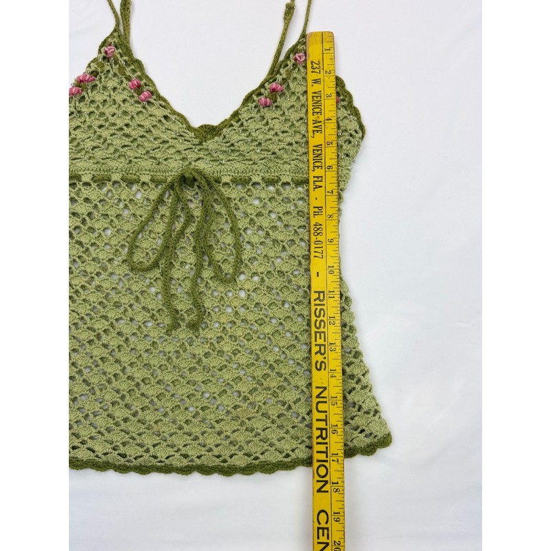 Vintage Sweater Project Green Crochet Camisole Top Y2K Floral Beaded Medium gallery