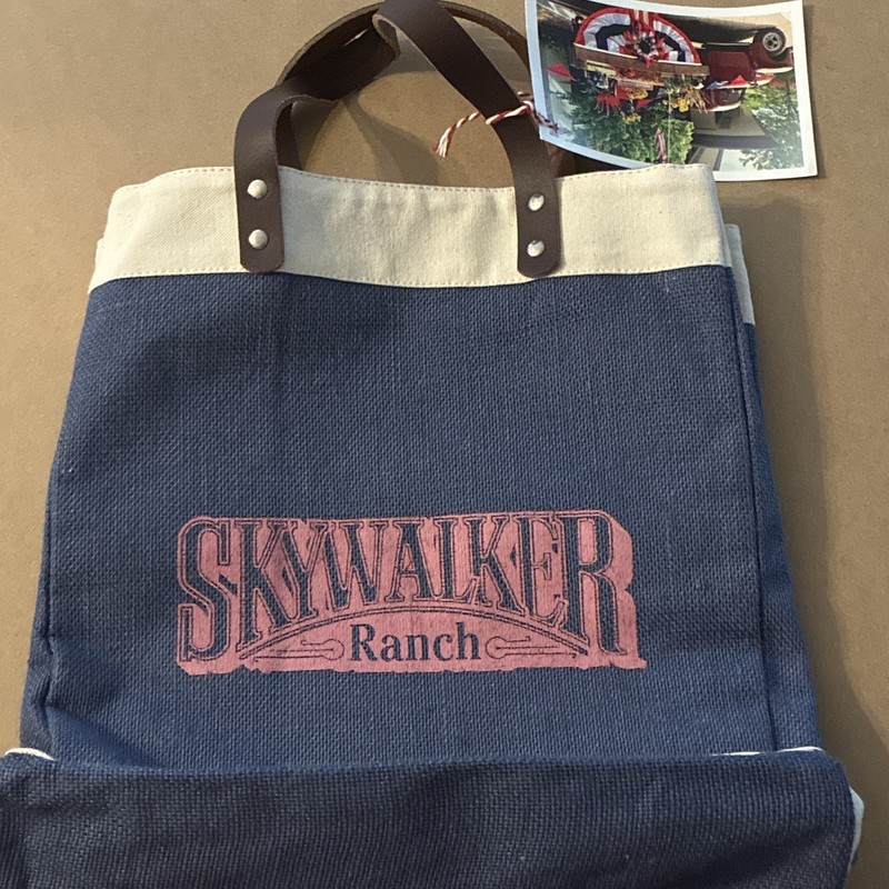 Skywalker Ranch Large Tote Bag Blue/Beige, Brown Leather Handles, Charm