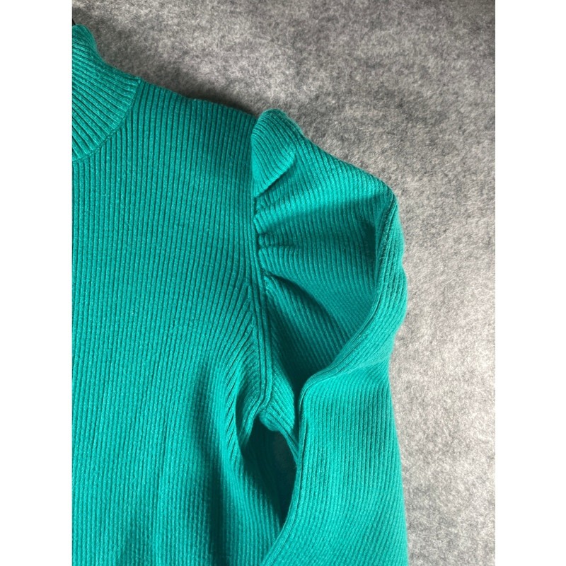 Nine West Emerald Green Ribbed Mock Neck Puff Sweater Metallic Cuff Size M gallery