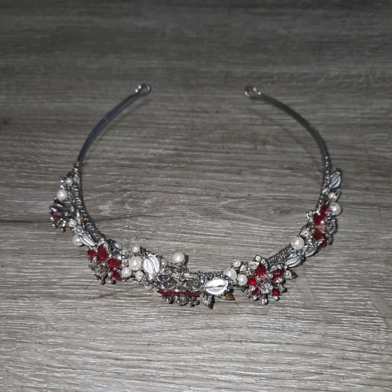 Silver Tone Floral Rhinestone Beaded Headband, Red White, Formal Hair