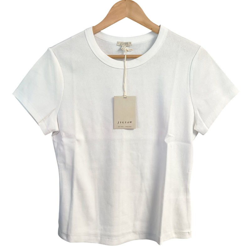 Jigsaw White Ribbed Crew-Neck T-Shirt Size XL 97% Cotton