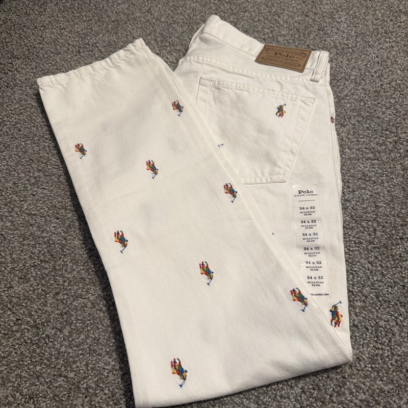 Polo Ralph Lauren The Sullivan Slim Jeans Mens 34×32 White Pony All Over Print